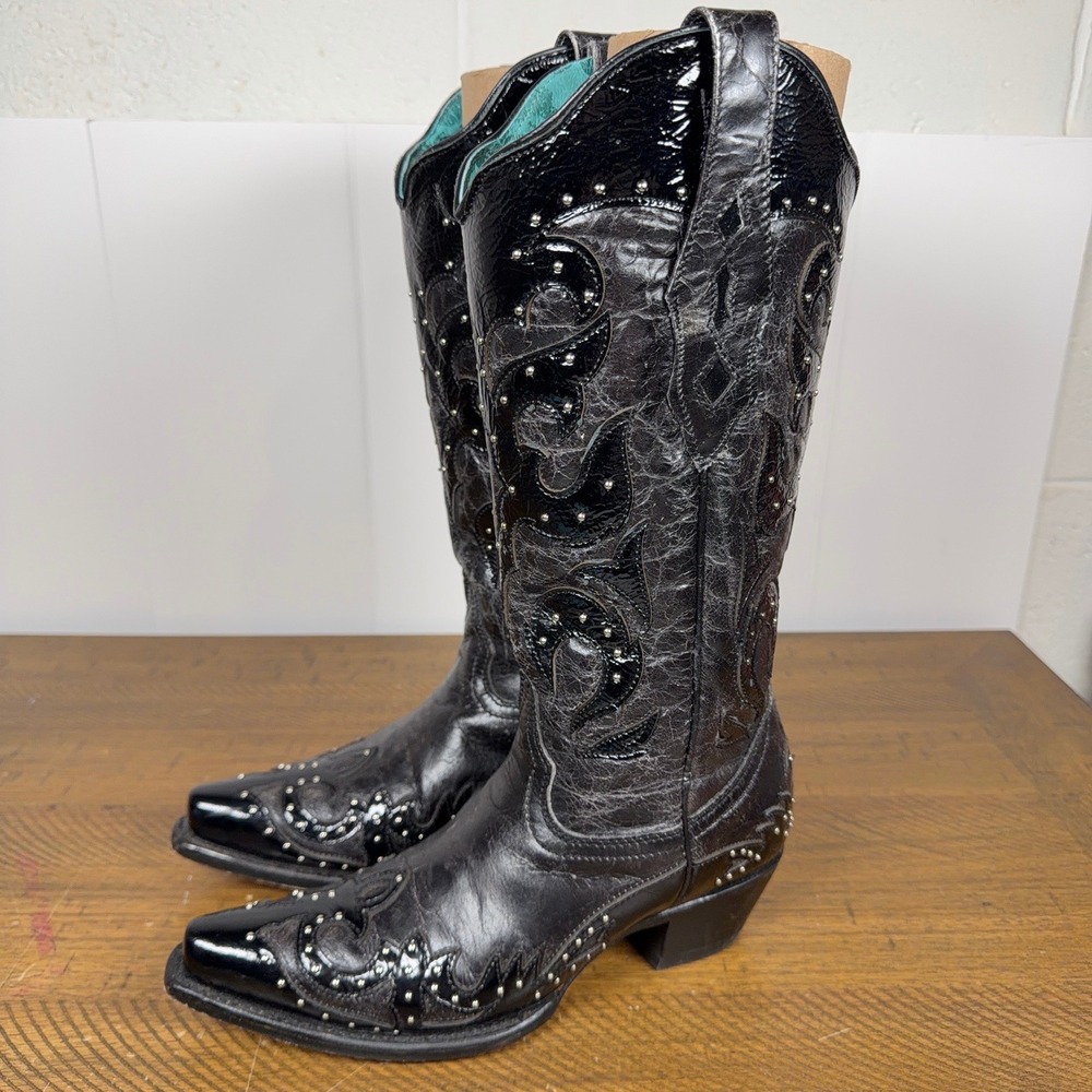 Corral Cowboy Boots Womens 6.5 Black Studded Leather Western Snip Toe Cowgirl - Picture 2 of 13